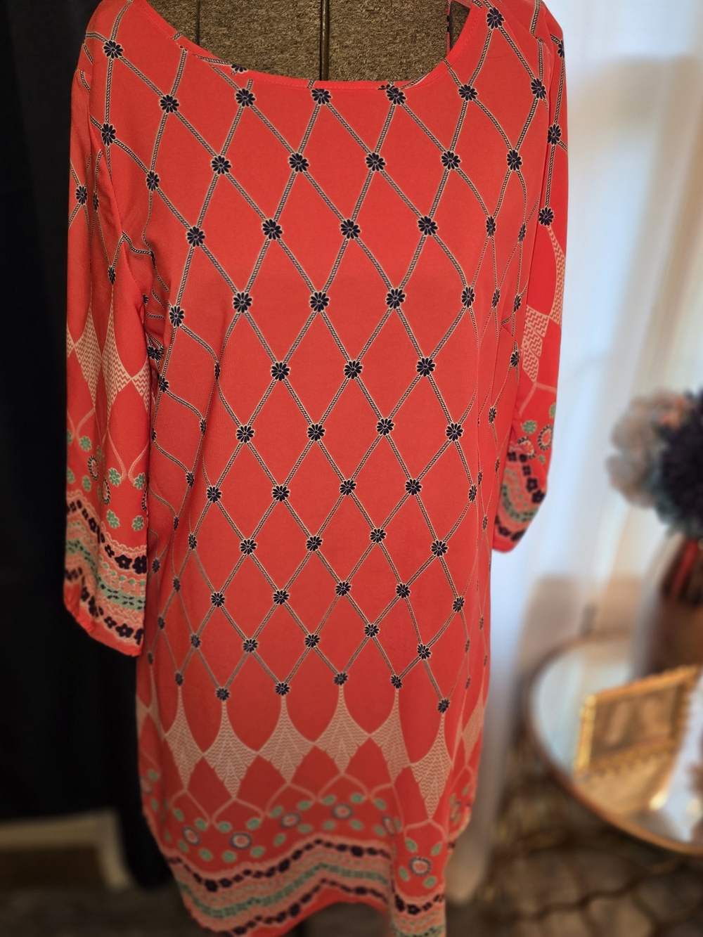 Pink Owl Coral and Navy Geometric Midi Dress